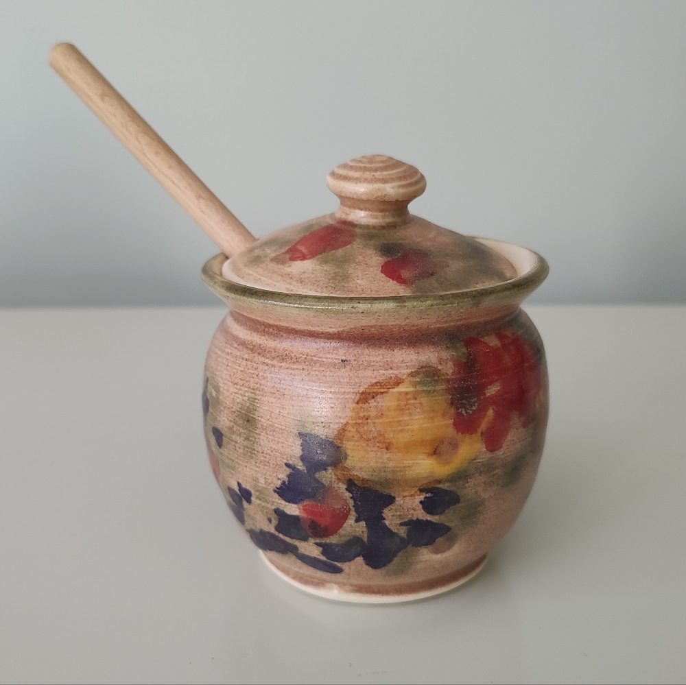 Clouds Folsom Pottery Wisteria Pattern Floral Honey Jar Three Piece Set 2011